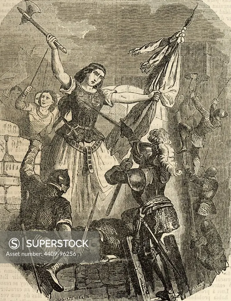 Jeanne Hachette (b.1456). French heroine. Jeanne Hachette during the Beauvais site, June 27, 1472. Engraving by Pothey. Popular Universal Library Editions, 1851.