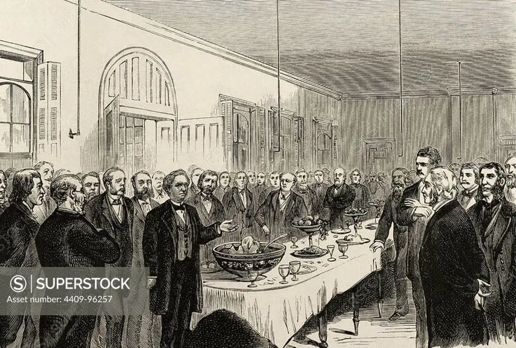 Samuel Hahnemann (1755-1843). German physician, founder of homeopathy. New York. 50th Anniversary of the introduction of homeopathy. Commemorative banquet in the Hospital of Ward's Island. Engraving by Capuz. The Spanish and American Illustration, 1875.