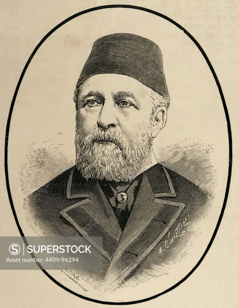 Hussein Sermed Affendi (1830-1886). Turkish diplomat. Engraving by Arturo Carretero y Sanchez (1852-1903). "The Spanish and American Illustration", 1886.