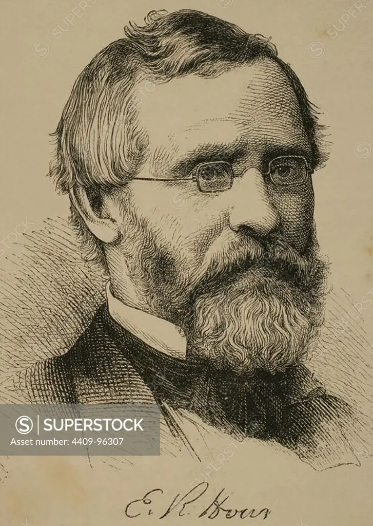 Ebenezer Rockwood Hoar (1816-1895). Was an influential American, lawyer, and justice from Massachusetts. He was appointed U.S. Attorney General in 1869 by President Ulysses S. Grant. Engraving by The Spanish and American Illustration, 1870.