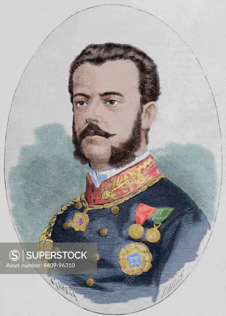 Amadeo I of Spain (1845-1890). King of Spain. Engraving in The Spanish and American Illustration, 1870. Colored.