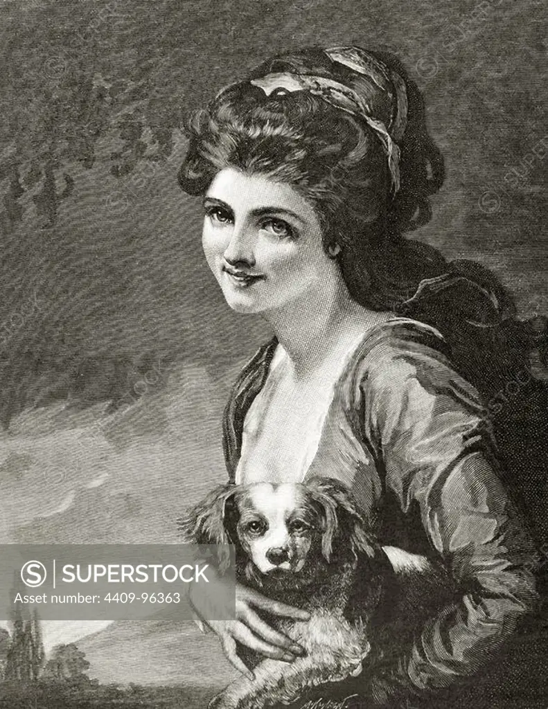 Emma, Lady Hamilton (1765-1815). Is best remembered as the mistress of Lord Nelson and as the muse of George Romney. Spouse of Sir William Hamilton. Engraving by M. Klinkicht. "La Ilustracion Iberica", 1886.