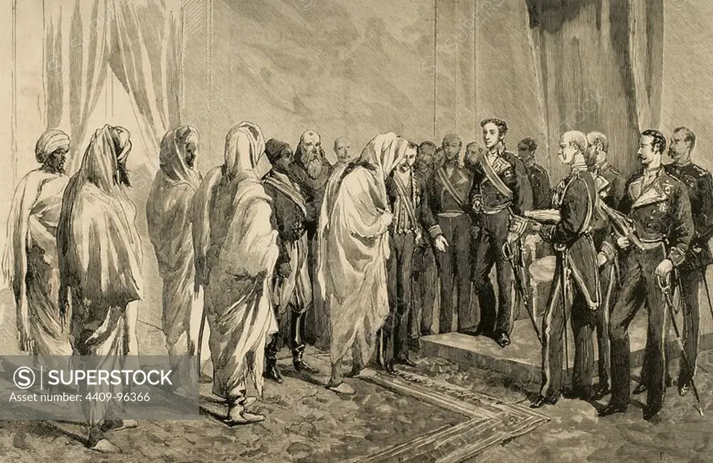 Alphonse XII (1857-1885). King of Spain. Alphonse XII receiving the congratulations of the Moroccan embassy. Ceuta. March 20, 1877. Engraving by Arturo Carretero (1852-1903). The Spanish and American Illustration, 1877.