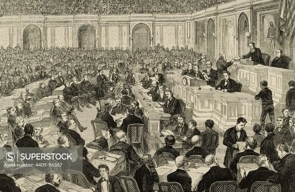 United States. Washington. Presidency of Rutherford Hayes (1822-1893). Session of The National Congress to verify the counting of the presidential vote. Engraving by Ovejero. The Spanish and American Illustration, 1877.