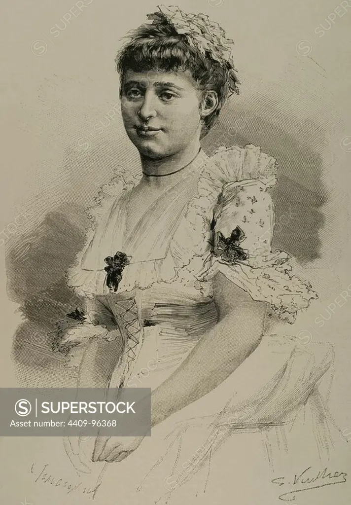 Maria Heilbronn (19th century). French comic opera singer. Engraving by C. Teaugeon. The Artistic Illustration, 1884.