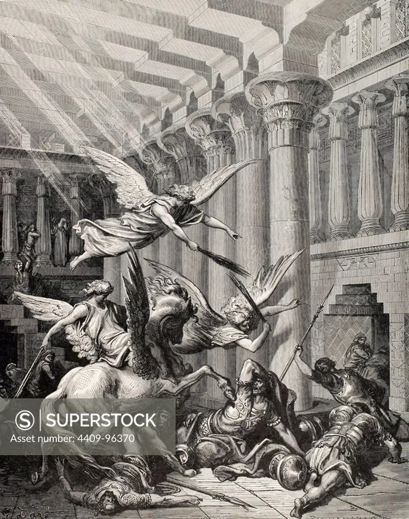 Heliodorus. 2nd century BC. Minister of the Syrian king Seleucus IV Philopator. Tried to seize the treasures of the Temple of Jerusalem. Heliodorus expulsed of the temple by heavenly messengers. Engraving by Pannemaker. The Bible in pictures by Gustave Dore. 19th century.