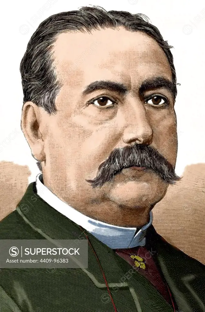 Abelardo de Carlos (1822-1884). Spanish businessman and writer. Engraving in The Spanish and American Illustration, 1884. Colored.