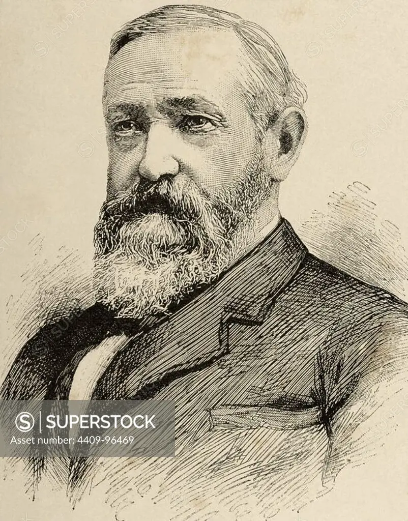 Benjamin Harrison (1833 Ð 1901). Was the 23rd President of the United States (1889Ð1893). During the American Civil War, he served the Union. Political party: Republican. Engraving. "The artistic illustration". 1885.