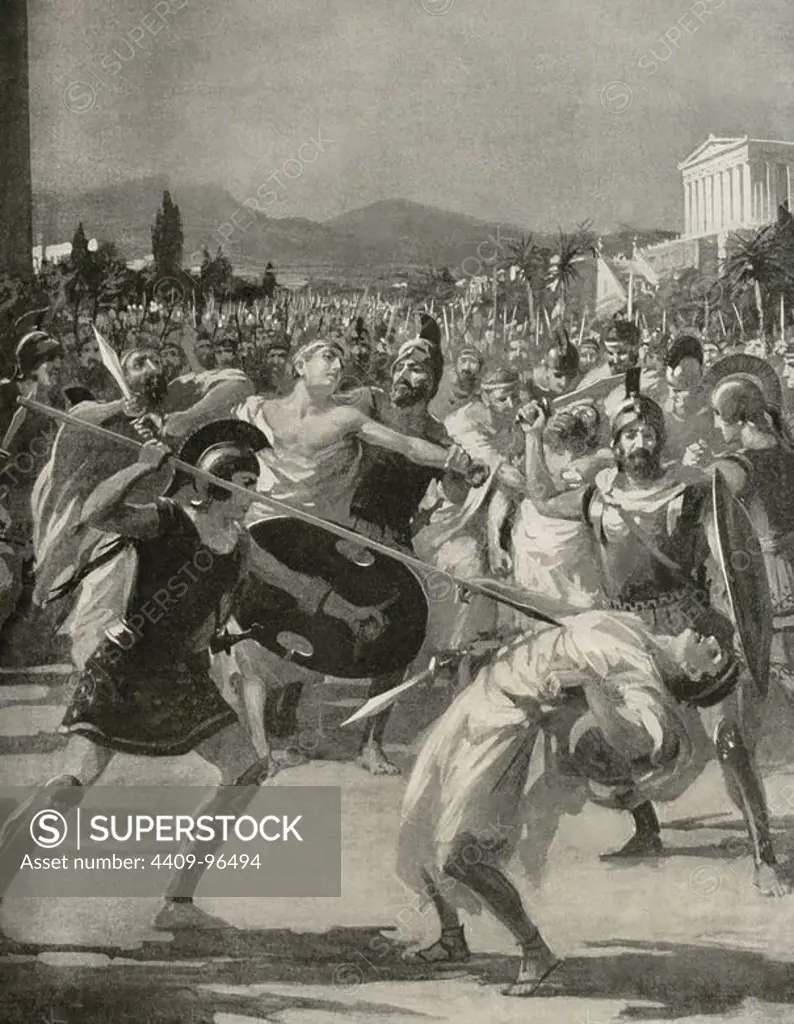 Hipparchus (d.514 BC). Tyrant of Athens. Assassination of Hipparchus by the Tyrannicides Harmodius and Aristogeiton. History of the Nations. Engraving, 19th century.