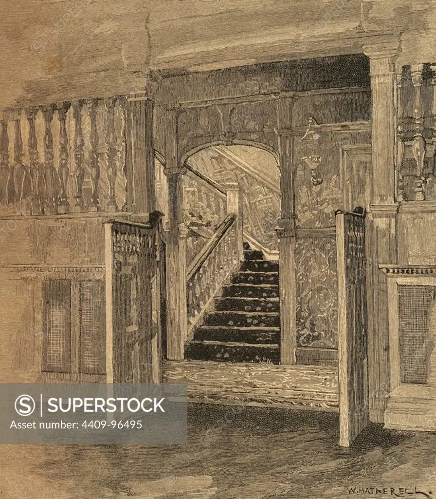 Frank Holl Francis Montague Holl) (1845-1888). English painter. The house of the painter Frank Holl. The staircase. Engraving by Jonnard. The Iberian Illustration, 1888.