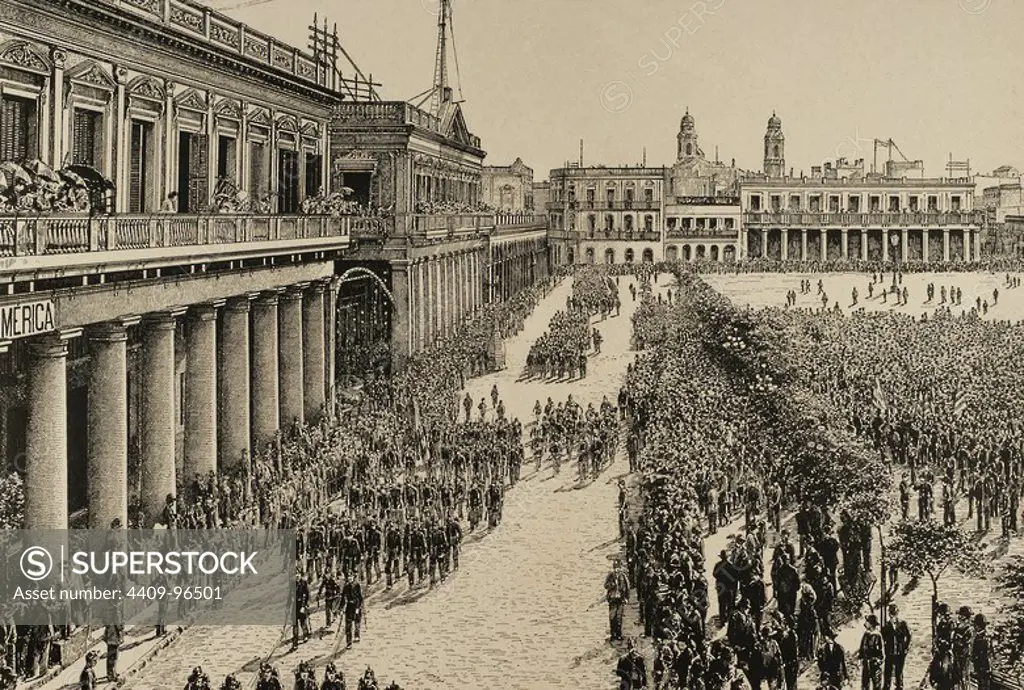 Uruguay. Montevideo. Army parade in honour of the President Julio Herrera Obes (1841-1912). May 1, 1890. Engraving by Urgelles. The Illustration, 1890.