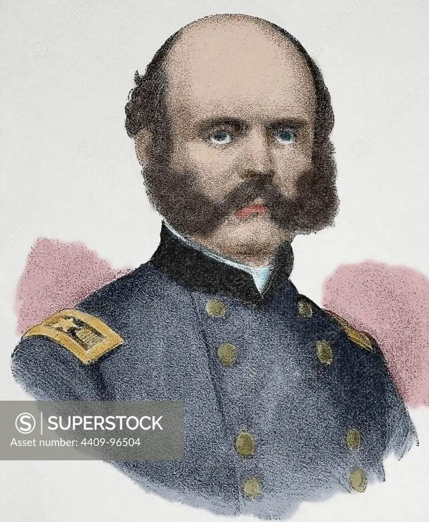 Ambrose Everett Burnside (1824-1881). American Military. Engraving in The Universal History, 1885. Colored.