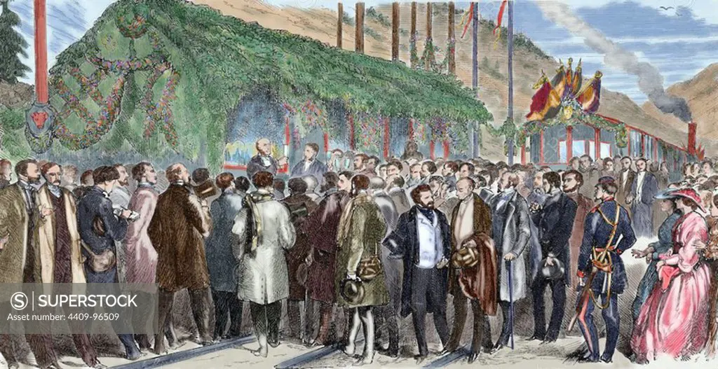 Switzerland. 19th century. Inauguration of the railroad of Mouchard. Lunch offered to guests of the Swiss windows. Engraving at "l'Univers Illustre", 1863. Colored.