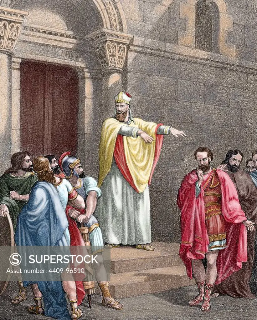 Saint Ambrose (c. 340-397). Archbishop of Milan and one of the four original doctors of the Church. St. Ambrose excommunicating the Roman Emperor Theodosius I (347-395) for the massacre of 7,000 persons at Thessalonica in 390, after the murder of the Roman governor by rioters. Colored engraving.