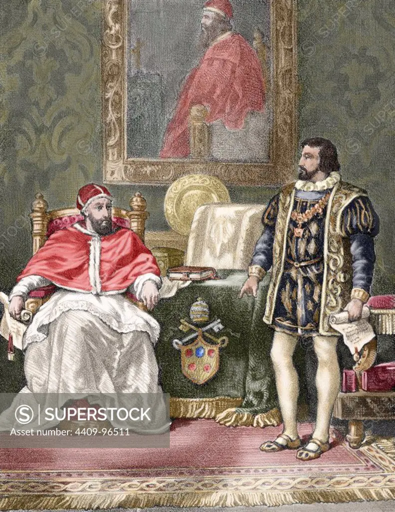 Clement VII (1478Ð1534), born Giulio di Giuliano de Medici, Pope from 1523 to 1534, with the king of France Francis I (1494-1547). Colored engraving.