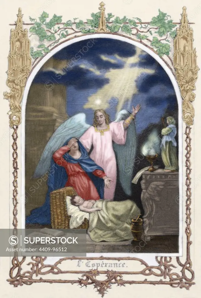 Saint Monica (331-387 A.D.) trusting God saves her son. Allegory about Hope. Colored engraving.