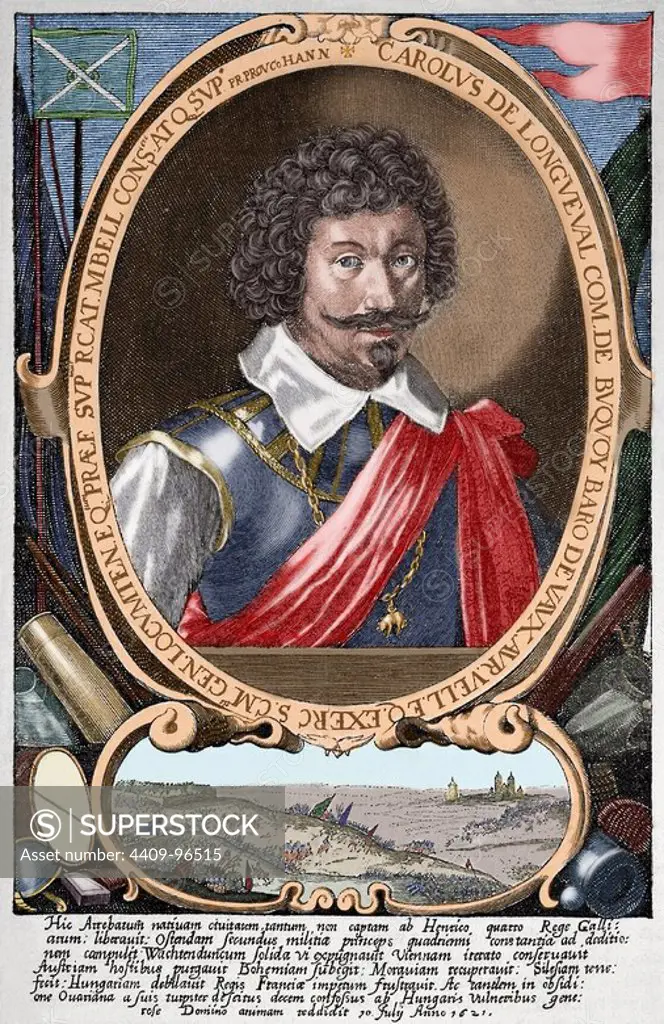 Charles Bonavenure de Longueval, Count of Bucquoy (1571-1621). Military commander. Engraving taken from an anonymous facsimile of the epoch. Colored.