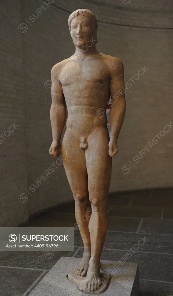 Greek art. Archaic style. Munich Kouros. About 540 BC. Statue of a youth. Glyptothek. Munich. Germany. Europe.