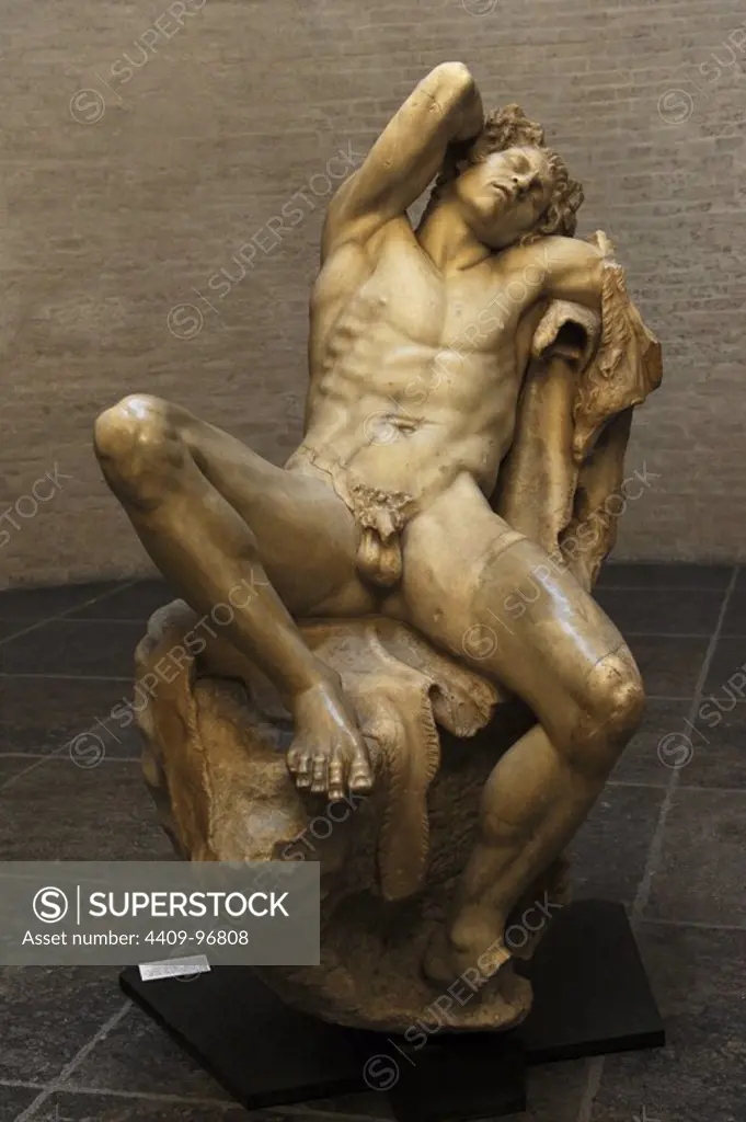 Greek art. Barberini Faun. A sleeping satyr. About 220 BC. Probably stood in a sanctuary of Dionysus and was later brought to gardens on the banks of the Tiber. Greek baroque. Roman copy. Glyptothek. Munich. Germany.