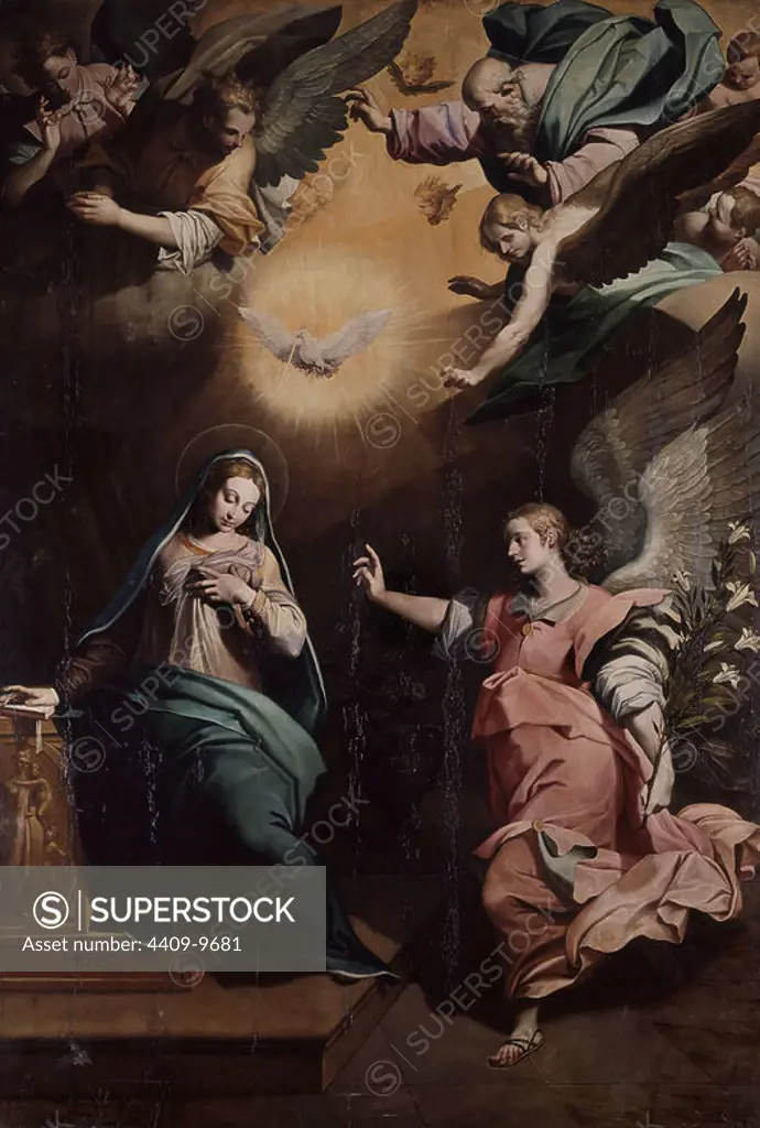 'Anunciación de la Virgen', 1596, Oil on panel, 315 x 216 cm, CE0949. Author: GREGORIO MARTINEZ DE ESPINOSA. Location: MUSEUM OF FINE ARTS. Valladolid. SPAIN. ARCHANGEL GABRIEL. VIRGIN MARY. ESPIRITU SANTO. PADRE ETERNO.