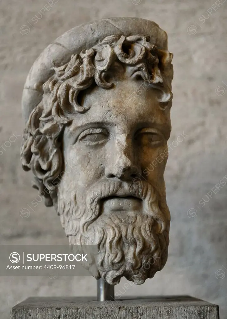 Greek Art. Head from a statue of Asclepius, the god of healing. Roman sculpture after original of about 420 BC. Glyptotek. Munich. Germany.