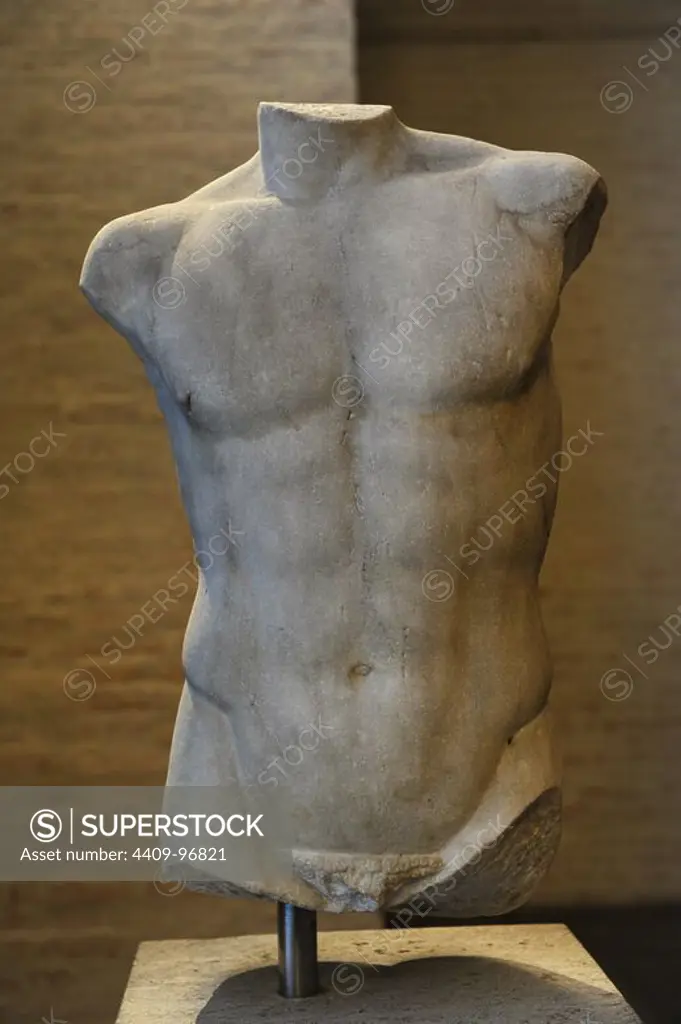 Greek art. Torso of a statue of Apollo. Roman sculpture after original of about 460 BC. Glyptothek. Munich. Germany.