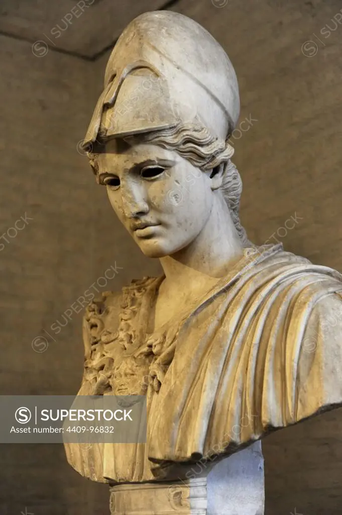 Athena. Goddess of wisdom, courage, law and justice. (Roman equivalent: Minerva). Bust of Athena. Roman sculpture after original of about 420 BC. Glyptothek. Munich. Germany.