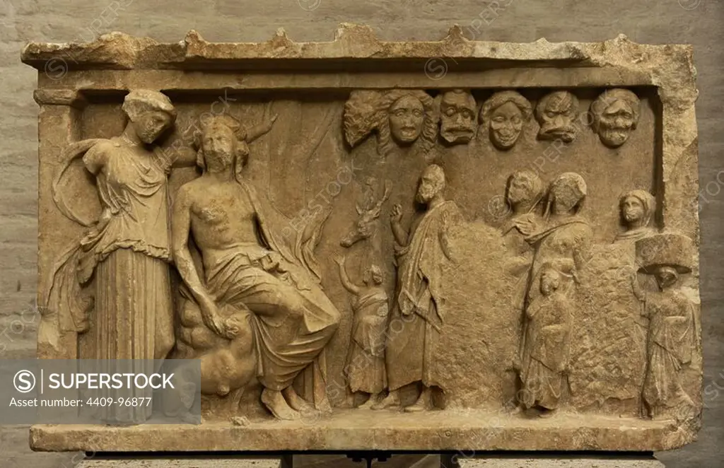 Votive stele depicting a sacrificial procession to Dionysus and Artemis for the win in a contest of theater. Votive offering, ca. 360 BC. Glyptothek. Munich. Germany.