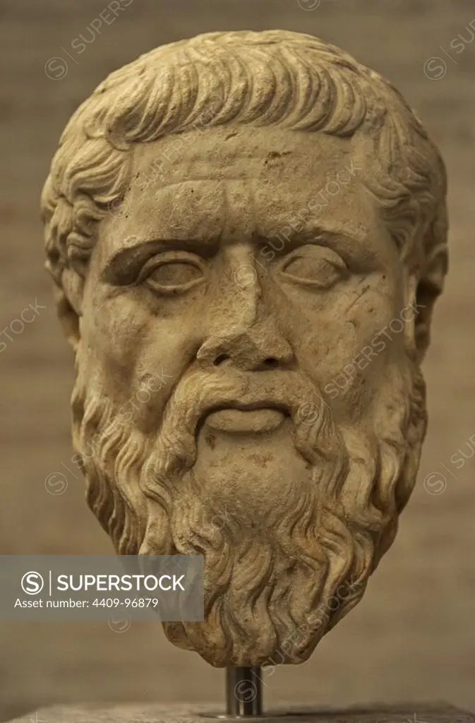 Plato (428-348 BC). Greek philosopher. Head. Roman copy. Glyptothek Museum. Munich. Germany.