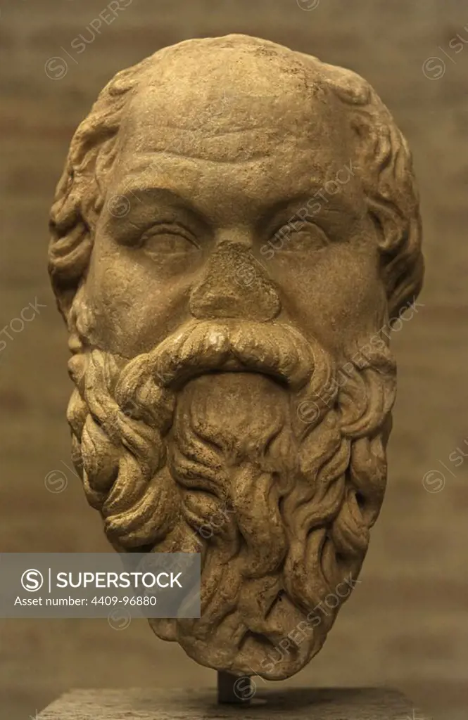 Socrates (469-399 BC). Greek philosopher. Head. Roman copy of an original of 320 BC. Glyptothek Museum. Munich. Germany.