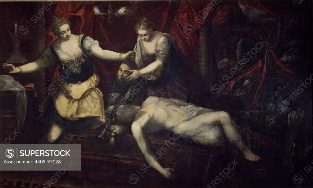 'Judith and Holofernes', 16th century, Italian School, Canvas, 198 cm x 325 cm, P00390. Author: JACOPO COMIN-JACOBO ROBUSTI-TINTORETTO. Location: MUSEO DEL PRADO-PINTURA. MADRID. SPAIN.