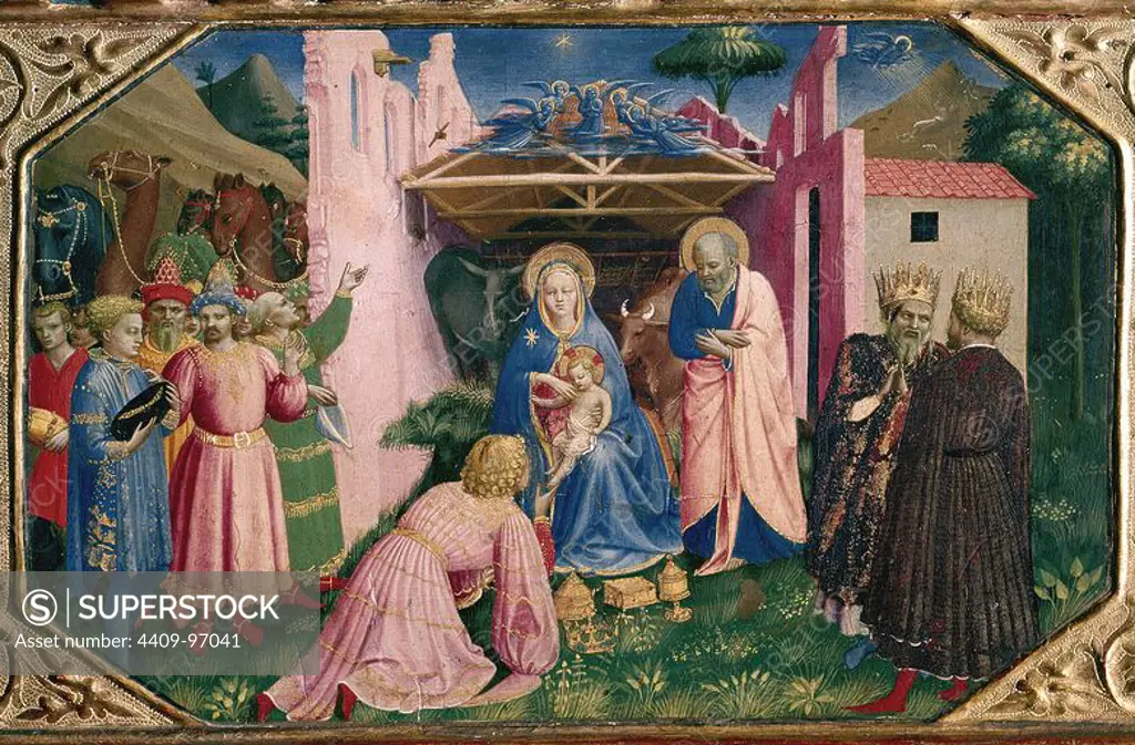 'The Annunciation' (predella detail: The Adoration of the Kings), 1426, Tempera on panel, P00015. Author: GUIDO DI PIETRO (1400/1455) FRA ANGELICO o FRAY AN. Location: MUSEO DEL PRADO-PINTURA. MADRID. SPAIN. CHILD JESUS. VIRGIN MARY. SAN JOSE ESPOSO DE LA VIRGEN MARIA. Melchor. Gaspar. BALTASAR.