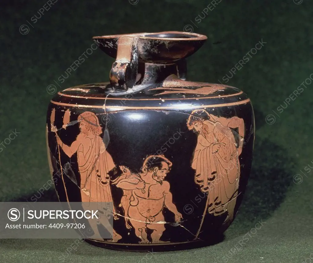 GREEK JAR DECORATED WITH A MEDICINE-RELATED SCENE.
