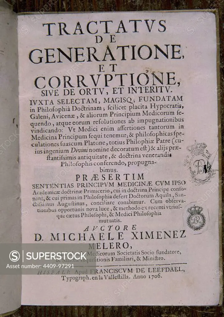 TRATADO DE GENERATIONE Y CORRUPTIONE - 1706. Author: JIMENEZ MELERO MIGUEL. Location: BIBLIOTECA NACIONAL-COLECCION. MADRID. SPAIN.