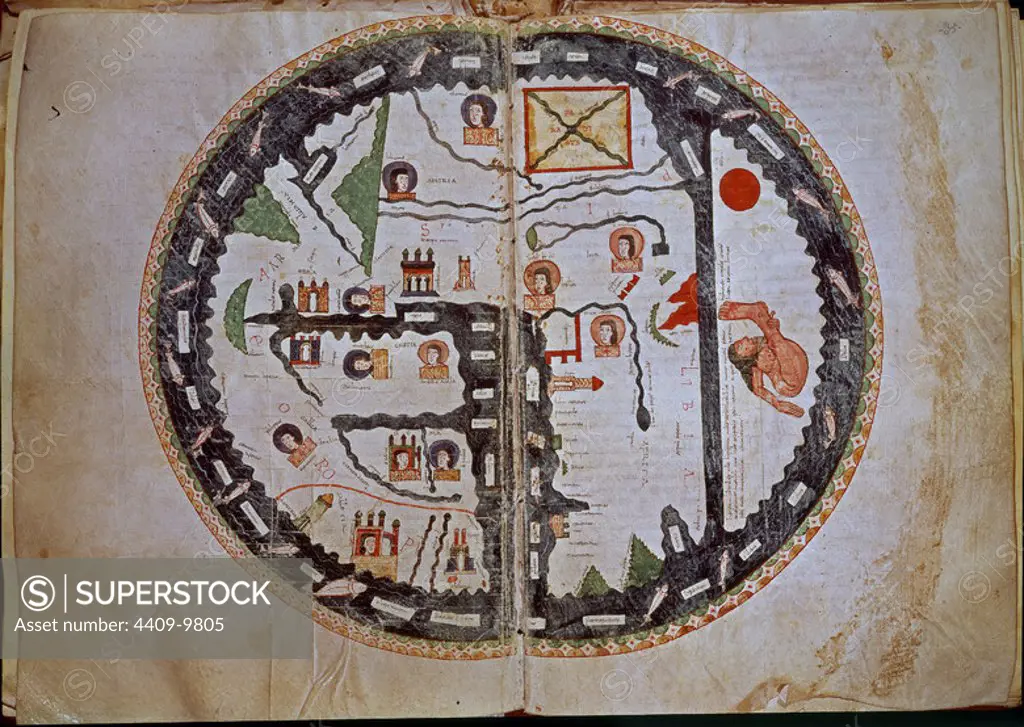 World map the from the Commentary on the Apocalypse.. Codex 1, folio 34V-35. Province of Soria, El Burgo del Osma cathedral. Author: BEATO DE LIEBANA. Location: CATEDRAL-BIBLIOTECA. BURGO DE OSMA. Soria. SPAIN.