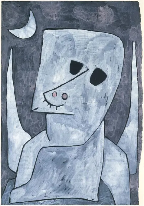 Angel Applicant. Artist: Paul Klee (German (born Switzerland), Münchenbuchsee 1879-1940 Muralto-Locarno). Dimensions: 25 3/4 × 17 1/2 in. (65.4 × 44.5 cm). Date: 1939.It seems doubtful that this Angel Applicant, resembling the offspring of a bulldog and a Halloween mask, will ever reach heaven. In 1939, Klee composed twenty-nine works that feature angels, having in earlier years only sporadically depicted them. His angels were not the celestial kind but hybrid creatures beset with human foibles and whims. Klee's angels are "forgetful,"still female,"ugly," incomplete," or "poor"-as the titles he gave these pictures indicate.Suffering from an incurable illness and sensing himself hovering between life and death, Klee possibly felt a kinship with these outsiders. In this work, he covered a sheet of newspaper with black gouache on which he then drew the outlines of the figure and of the crescent moon with a thick, soft graphite pencil. Then he filled in these forms with a thin white wash
