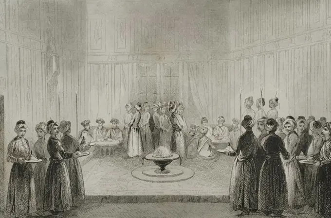 Ottoman Empire. Turkey. Constantinople (today Istanbul). Topkapi Palace. Iftar or dinner of Grand Vizier and ministers on the third night of Ramadan. Engraving by Lemaitre, Lalaisse and Chaillot. Historia de Turquia by Joseph Marie Jouannin (1783-1844) and Jules Van Gaver, 1840.