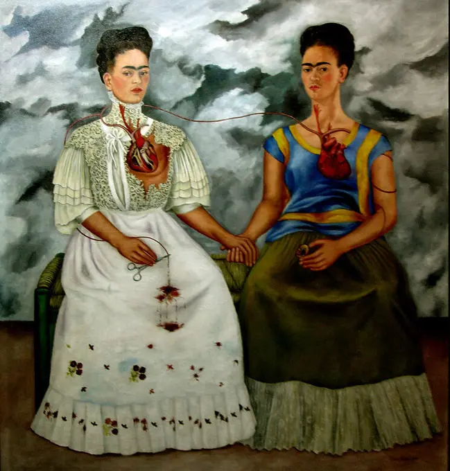 'The Two Fridas', 1939, Oil on canvas, 173 x 173 cm. Author: FRIDA KAHLO. Location: MUSEUM OF MODERN ART. MEXICO CITY. CIUDAD DE MEXICO.