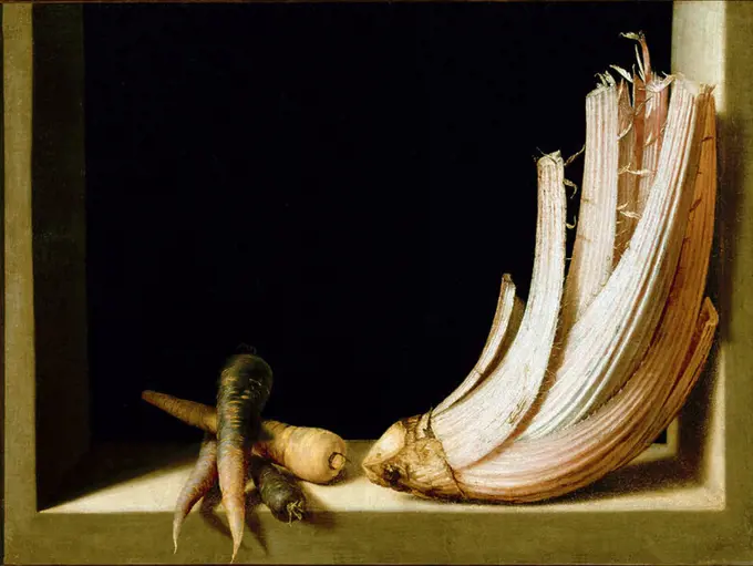 'Still Life with a Cardoon', 1603, Oil on canvas, 63 x 85 cm. Author: JUAN SANCHEZ COTAN. Location: MUSEUM OF FINE ARTS. GRANADA. SPAIN.