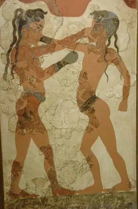 Minoan art. Greece. 16th century B.C. Fresco of boxing kids. Fight between two teens provided with gloves and a belt. Painted stucco. Room B1 from Akrotiri (Thera). (1550-1500 BC). National Archaeological Museum. Athens. Greece.