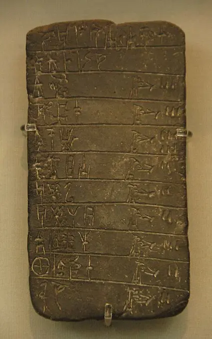 Mycenaean art. Greece. Clay tablet with inscriptions on Mycenaean Linear B script. National Archaeological Museum. Athens.