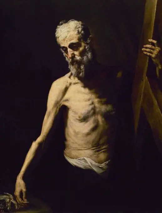 1591-1652. St. Andrew the Apostle. San Andrés Apostol. 1635. Oil on canvas. 123x95. Author: DE RIBERA, JUSEPE (LO SPAGNOLETTO). Location: MUSEO DEL PRADO-PINTURA, MADRID, SPAIN.