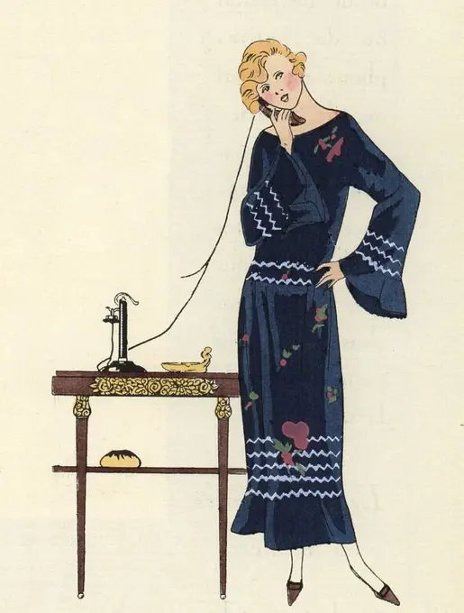Young woman on the telephone wearing a marine blue serge dress with white lines and flowers. Handcolored pochoir (stencil) lithograph from the French luxury fashion magazine "Art, Gout, Beaute" 1923.