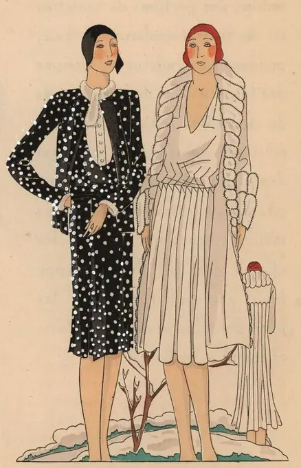 Woman in afternoon ensemble in polka-dot black panne and black cloche hat, and woman in afternoon dress in white crepe satin and fur-lined coat.. Handcolored pochoir (stencil) lithograph from the French luxury fashion magazine "Art, Gout, Beaute" 1928.