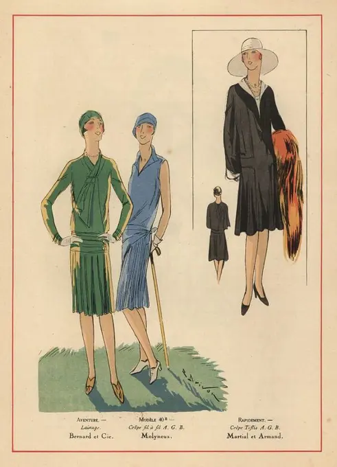 Women in sports dresses: green wool dress and matching hat, blue crepe dress and hat, and woman in black crepe tiflis dress with orange stole.. Handcolored pochoir (stencil) lithograph from the French luxury fashion magazine "Art, Gout, Beaute" 1928.