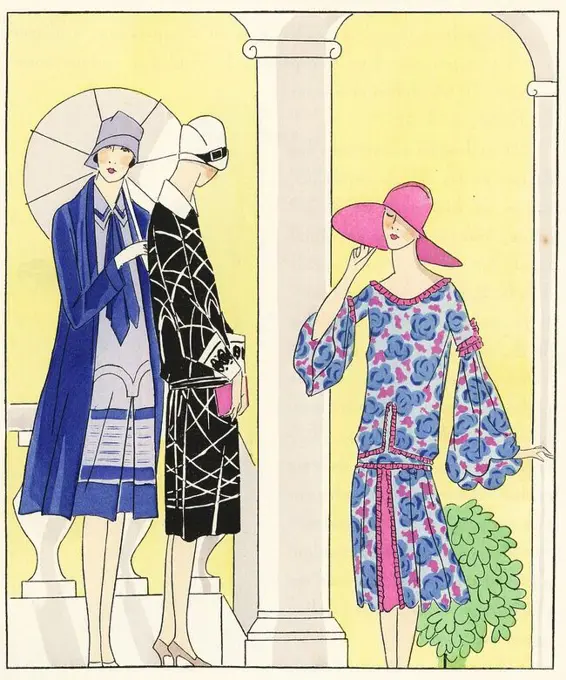 Women in afternoon dresses of shirt crepe and printed crepe de chine, and a woman in a sun dress of printed crepe. Lithograph with pochoir (stencil) handcolour from the luxury French fashion magazine "Art, Gout, Beaute," 1926.