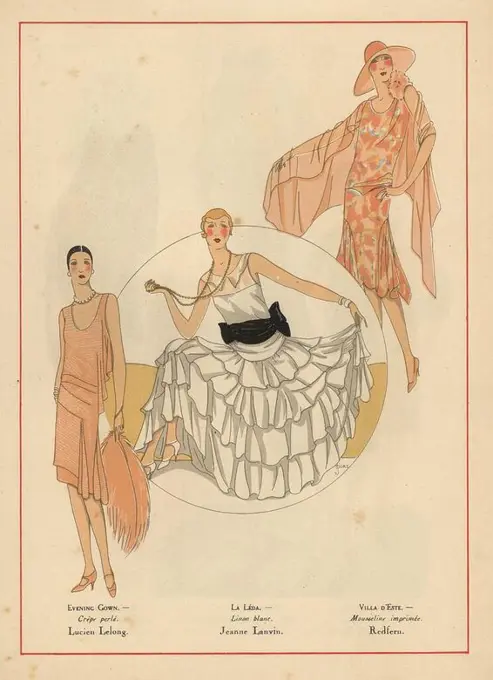 Women in evening wear: pink coral dress in pearly crepe, white linen dress with black ribbon belt, and printed chiffon dress with diaphanous shawl.. Handcolored pochoir (stencil) lithograph from the French luxury fashion magazine "Art, Gout, Beaute" 1928.