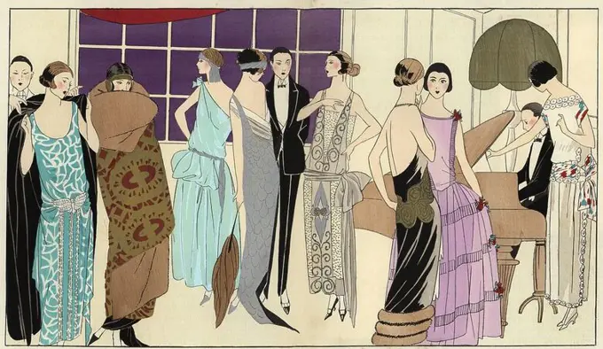 Women in party dresses in silk, chiffon and taffeta, wearing fur-trimmed coats. Man in tuxedo playing a piano at a swish soiree. Handcolored pochoir (stencil) lithograph from the French luxury fashion magazine "Art, Gout, Beaute" 1923.