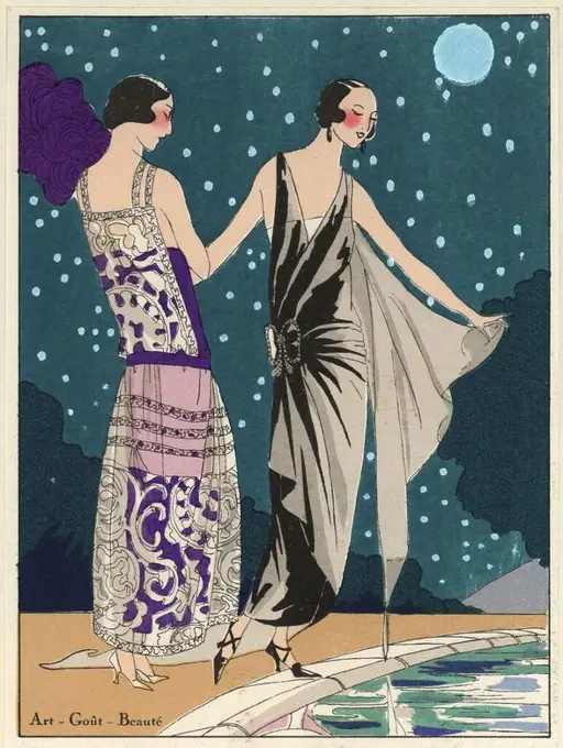 Women in evening dress near a swimming pool against a starry turquoise night sky. One in white lace over purple satin, and one in black silk chiffon with diamante belt. Handcolored pochoir (stencil) lithograph from the French luxury fashion magazine "Art, Gout, Beaute" 1923.
