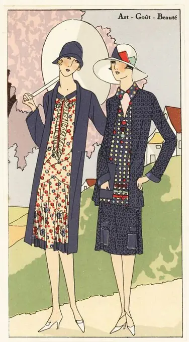 Woman in afternoon dress in printed crepe de chine with parasol and woman in three-piece suit in printed crepe. Lithograph with pochoir (stencil) handcolour from the luxury French fashion magazine "Art, Gout, Beaute," 1926.